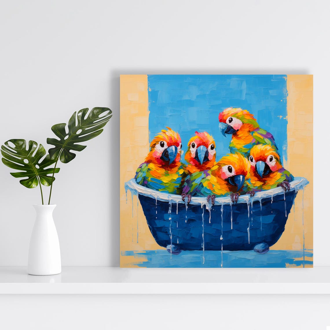 Five Colorful Conures Bathing Blue Tub Funny Parrots Party Wall Poster - Image 2
