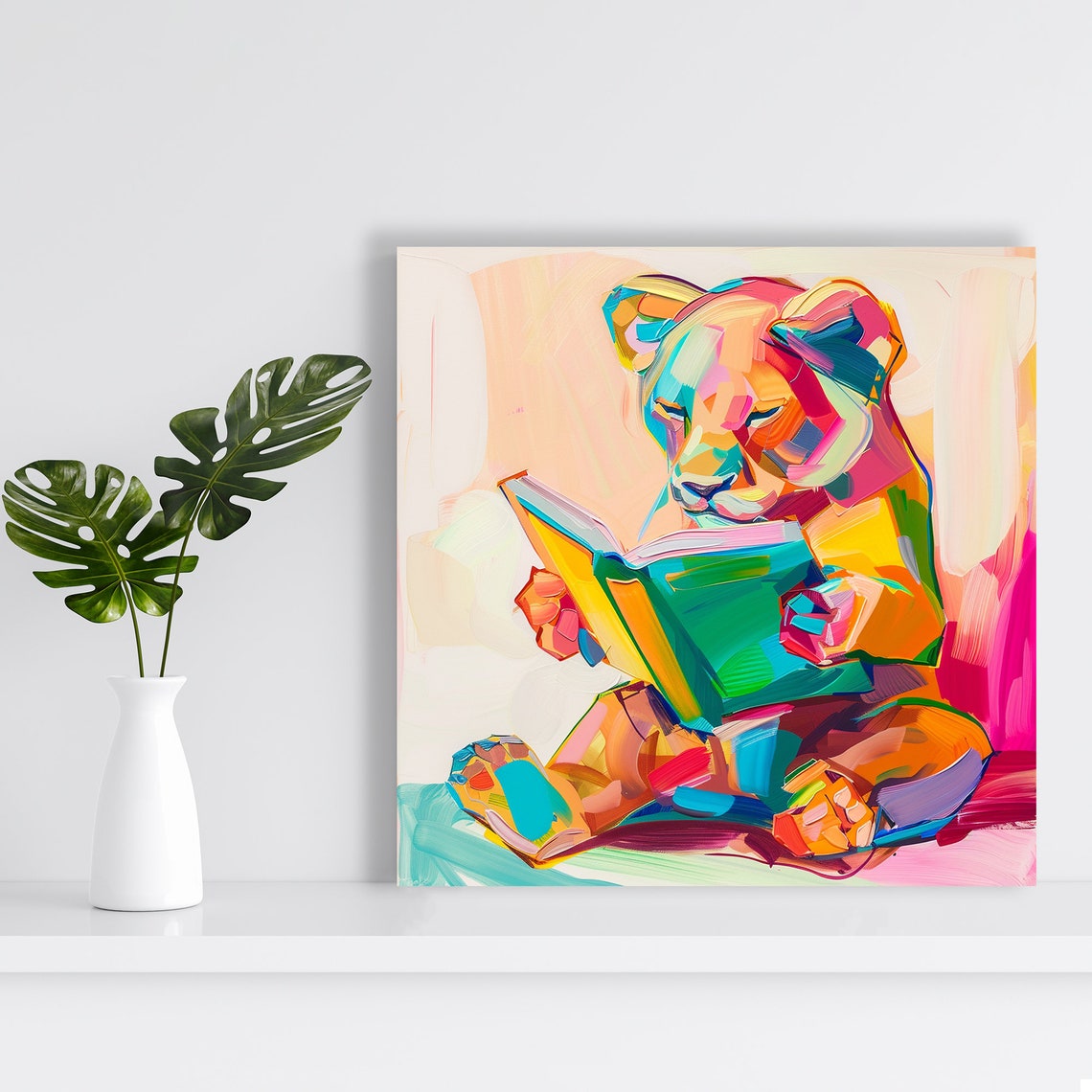 Colorful Lion Reading Book Fauvist Art Whimsical Library Poster - Image 2