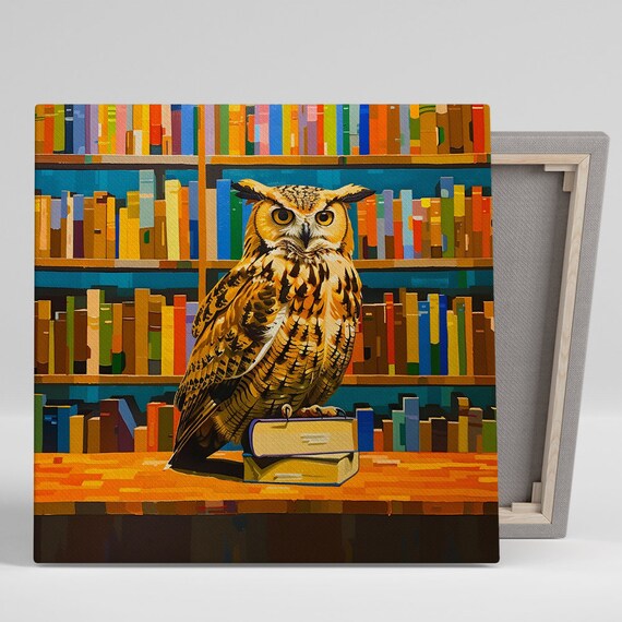 Wise Owl Library Books Colorful Bookshelves Scholarly Animal Wall Poster