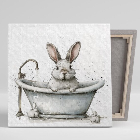 Bunny Bathtub Soak Cute Watercolor Farmhouse Nursery Animal Poster