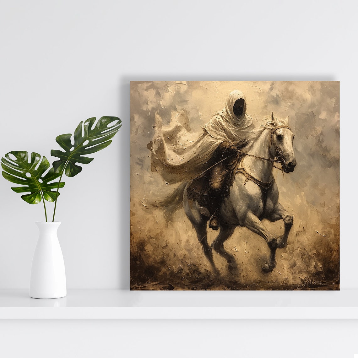 Hooded Rider On Galloping White Horse Sepia Vintage Western Poster - Image 2