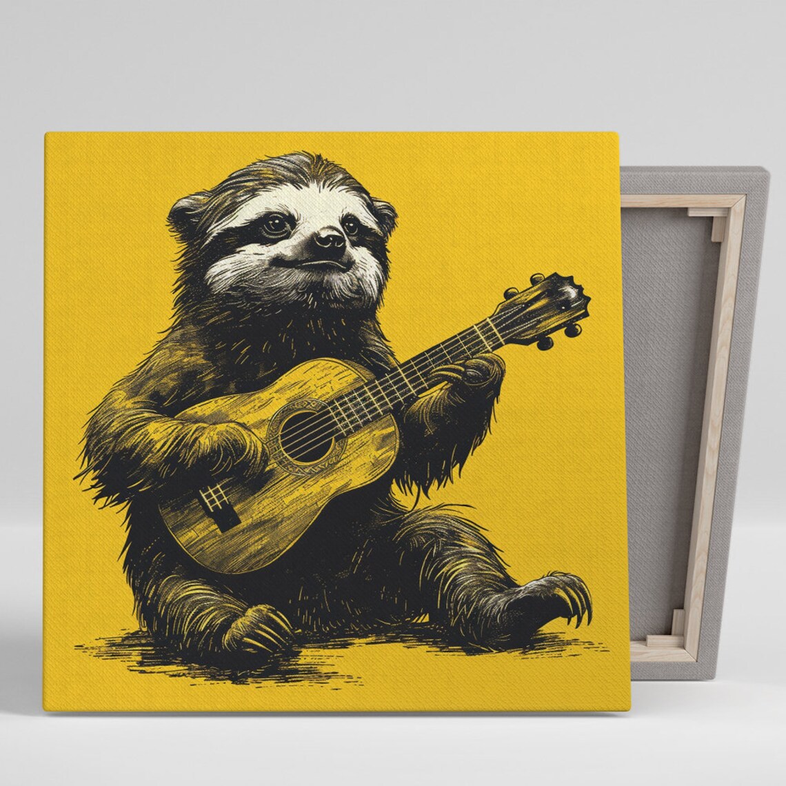 Cheerful Sloth Playing Guitar Black Gold Illustration Yellow Poster