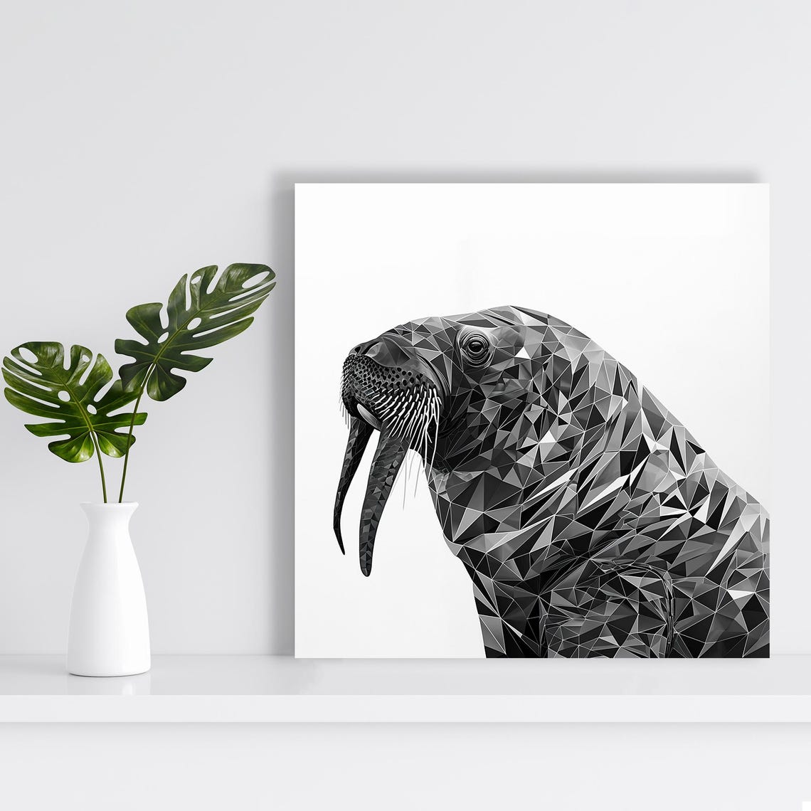 Geometric Low Poly Walrus Portrait Black And White Modern Art Poster - Image 2