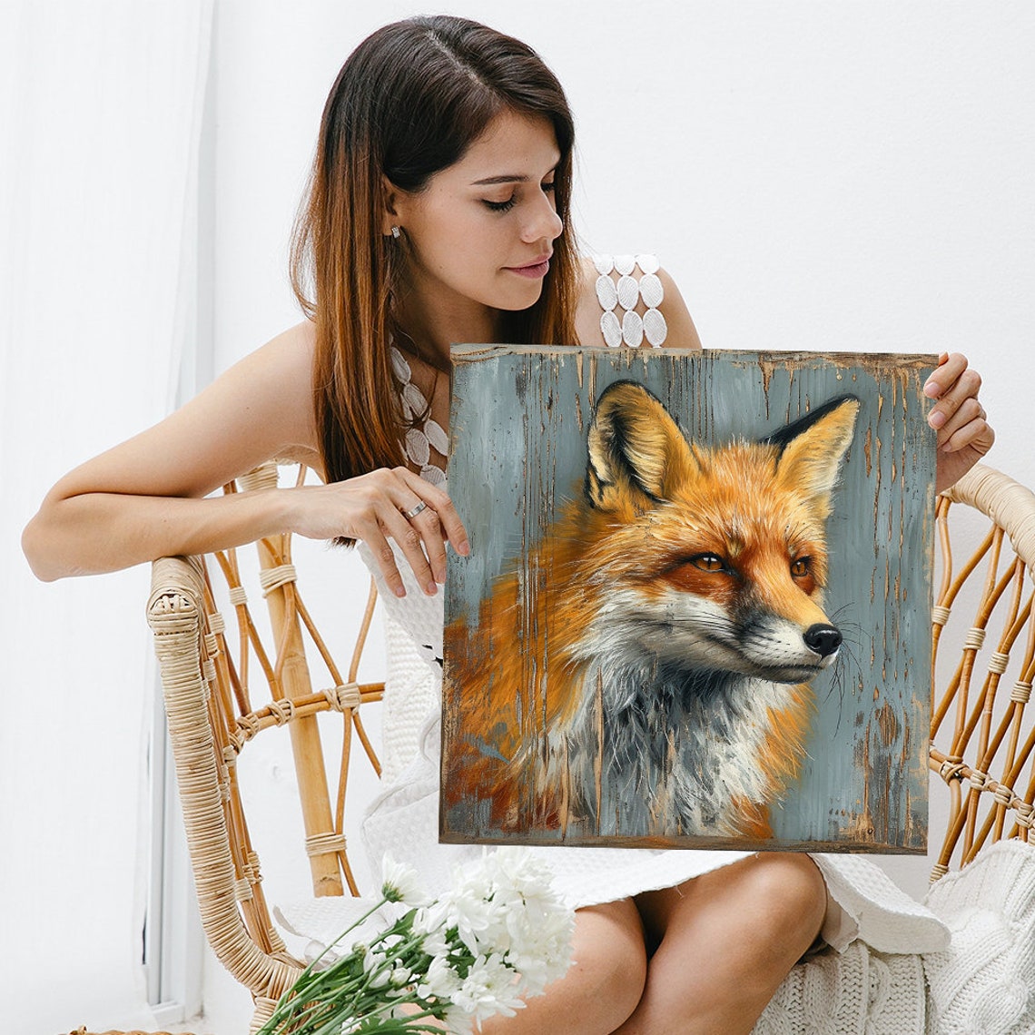 Red Fox Portrait Rustic Blue Wood Background Farmhouse Cabin Poster - Image 3
