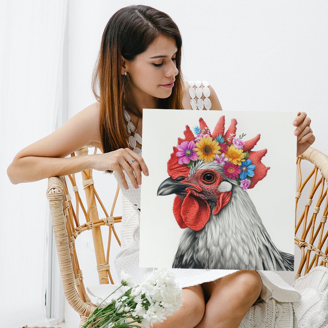 Rooster Floral Crown Colorful Wildflower Farmhouse Kitchen Poster - Image 3