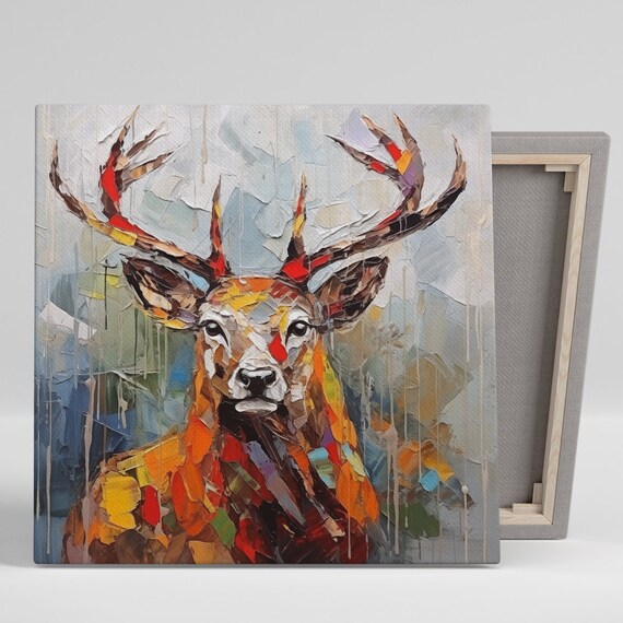 Vibrant Stag Mosaic Art Or Poster Contemporary Impressionism Decor Living Room Bedroom Office Wall Art Red Orange Brown Blue