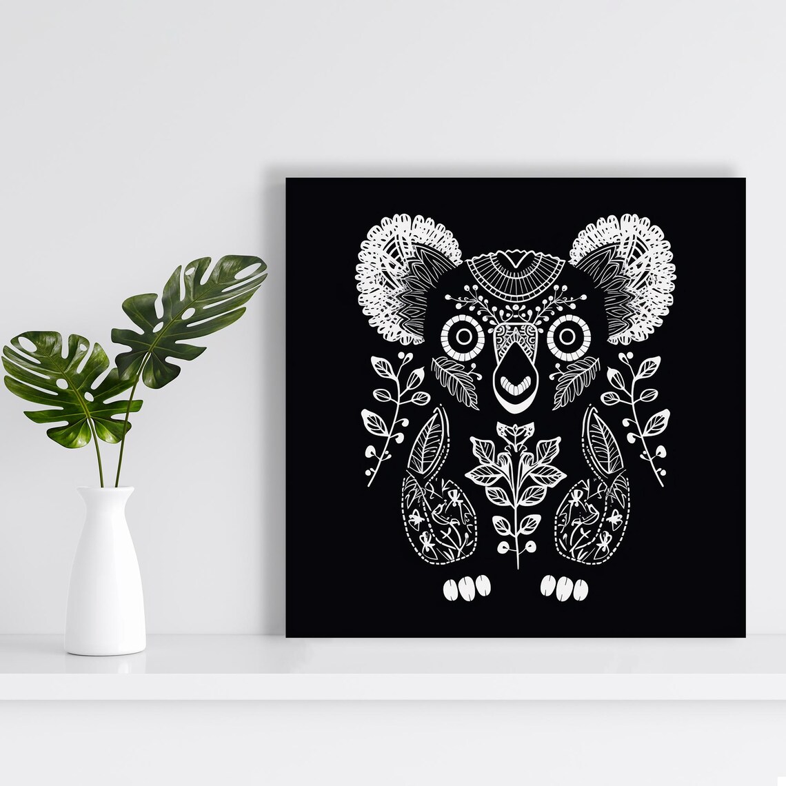 Koala Floral Line Art Portrait White on Black Bohemian Botanical Wall Art Poster - Image 2