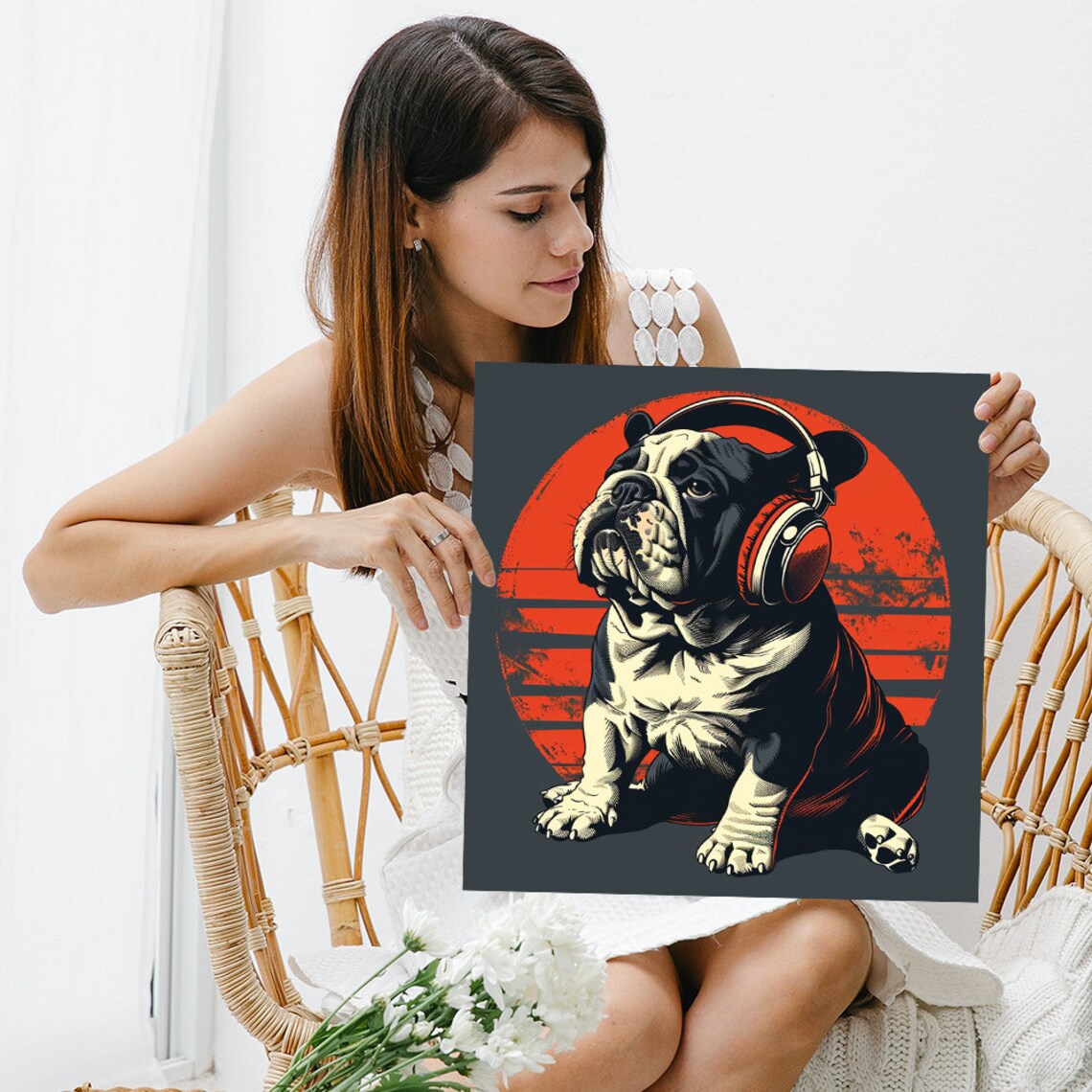 Bulldog in Headphones Retro Orange Sunset Music Dog Poster Wall Art - Image 3
