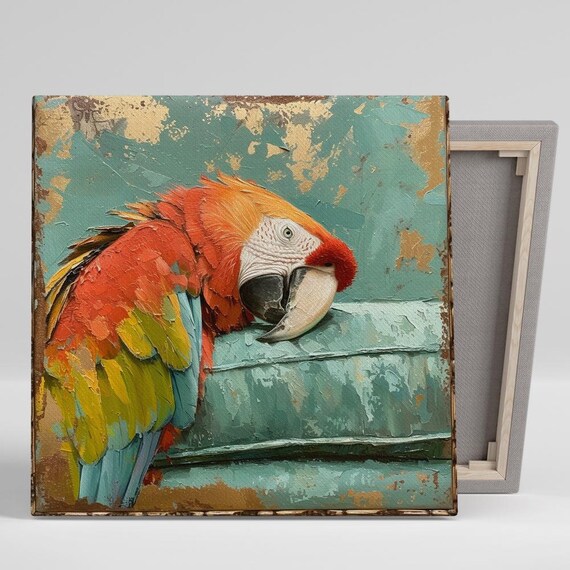 Resting Macaw Parrot Impasto Oil Style On Teal Gold Background Poster