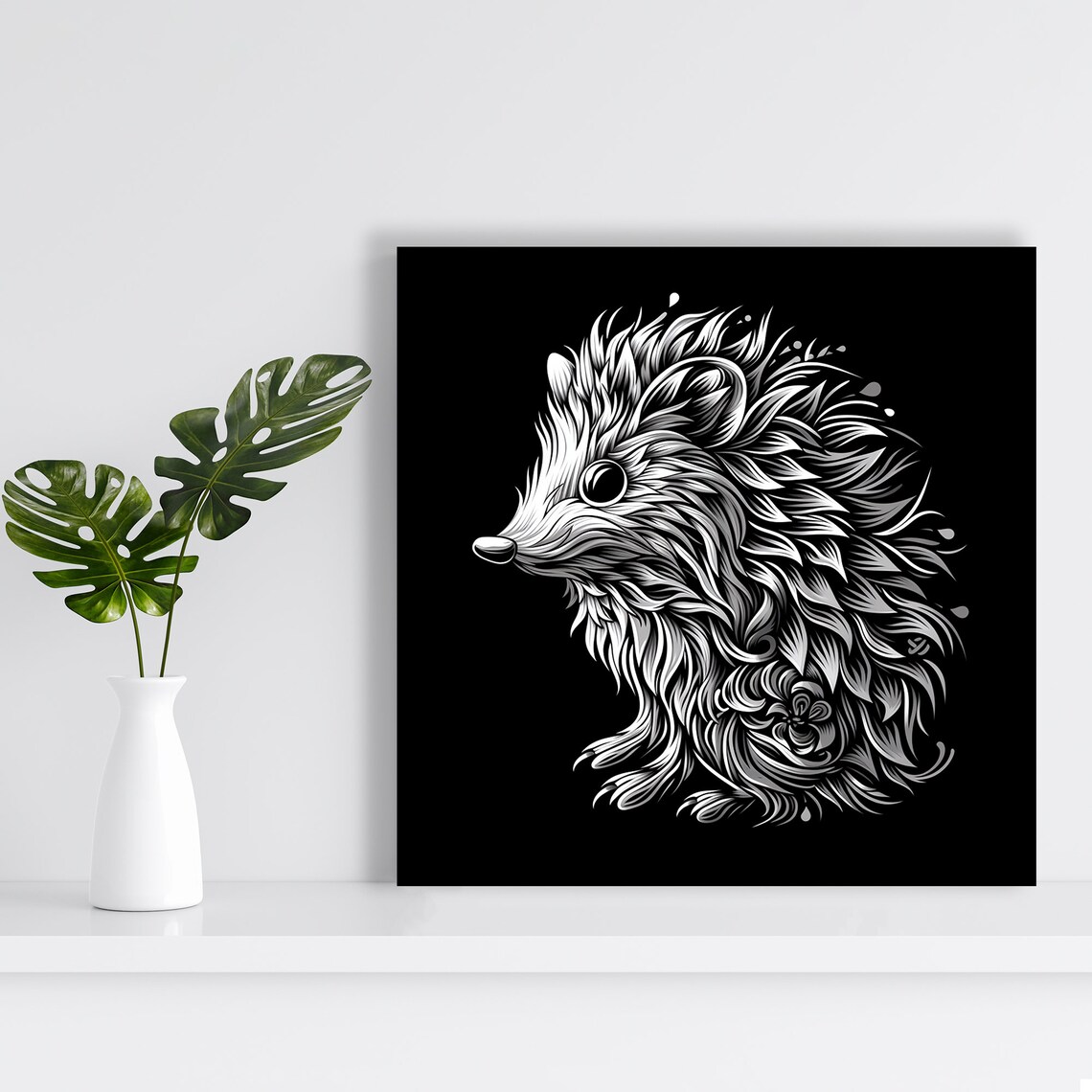 Hedgehog Ornate Feather Quills White Intricate Zentangle Black Wall Art - Image 2