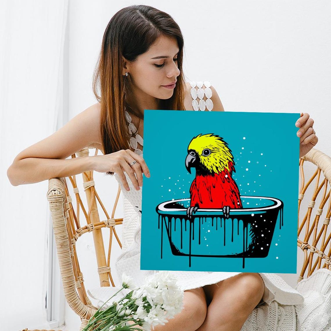 Bathing Parrot in Paint Tub Splash Pop Art Yellow Red Bird Poster - Image 3