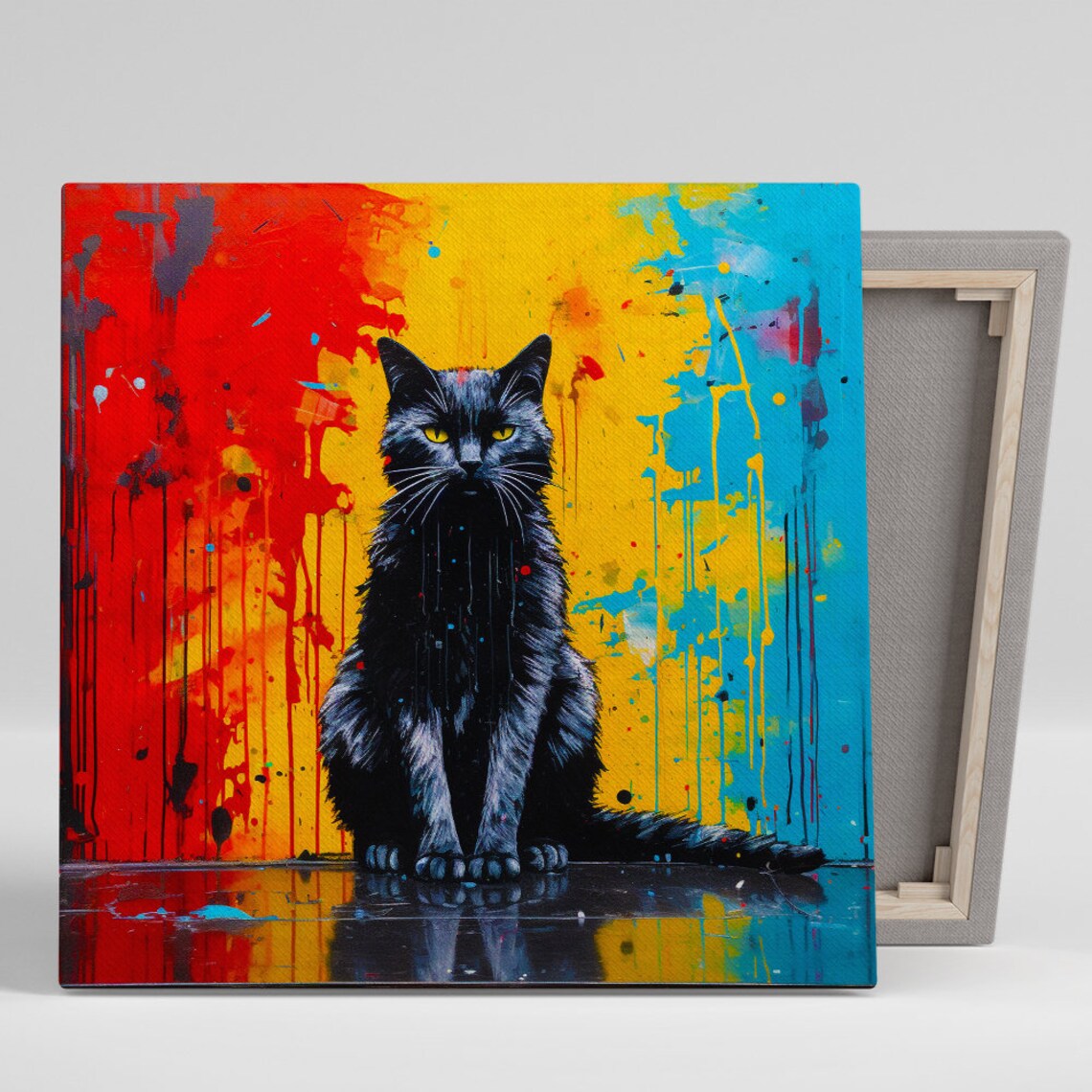 Cat Splash Modern Decor Poster, Black Red Yellow Blue