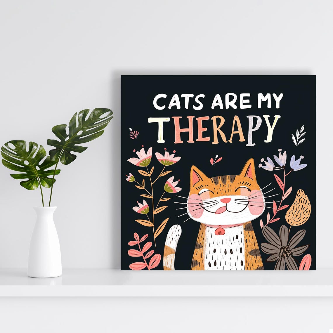 Cats Are My Therapy Quote Poster Smiling Tabby Cat Floral Black Print - Image 2