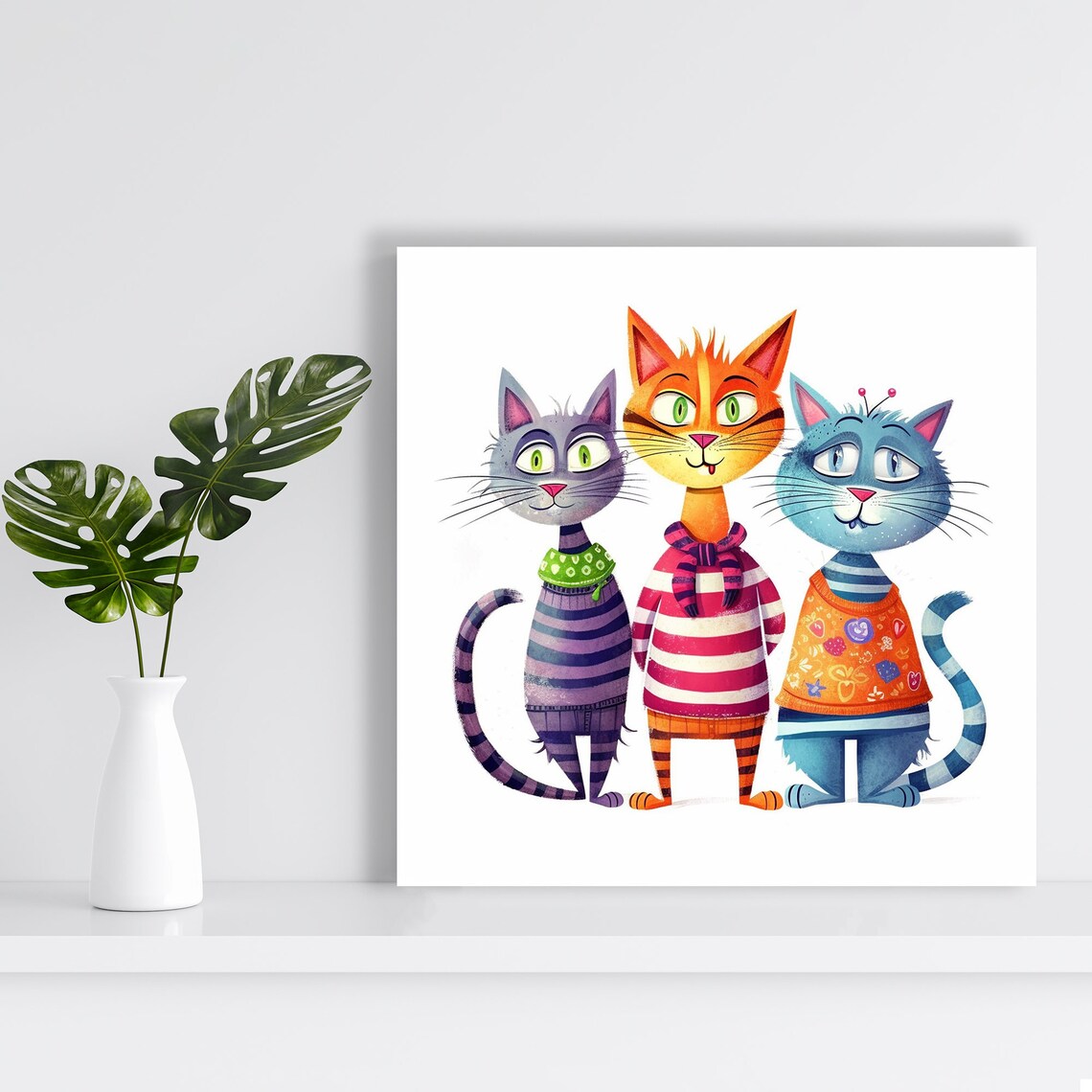 Three Cartoon Cats In Colorful Sweaters Whimsical Playful Nursery Art Poster - Image 2