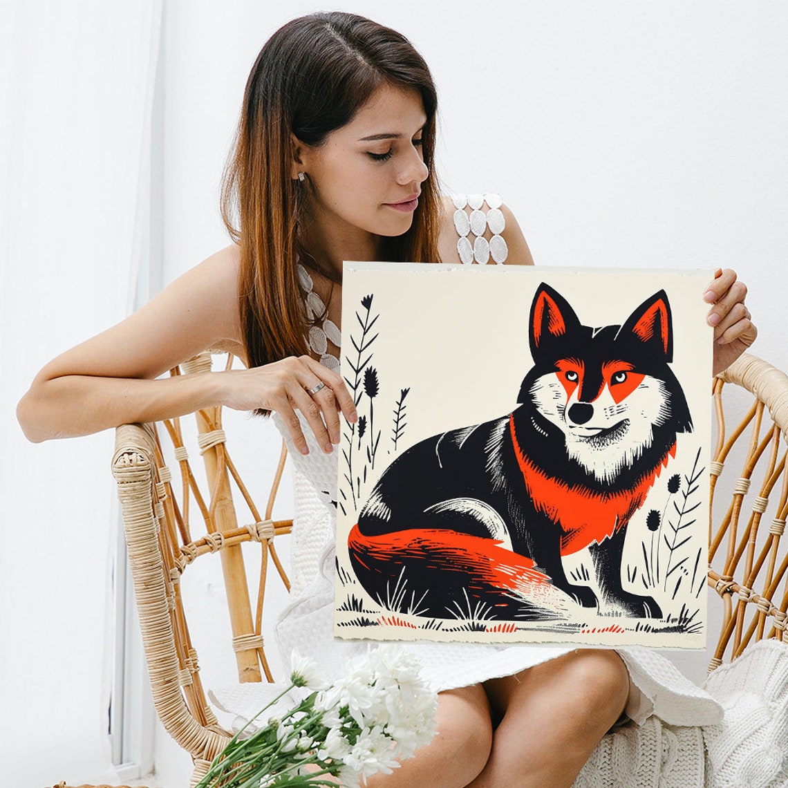 Bold Red Fox Woodblock Illustration Cream Rustic Wildlife Poster - Image 3