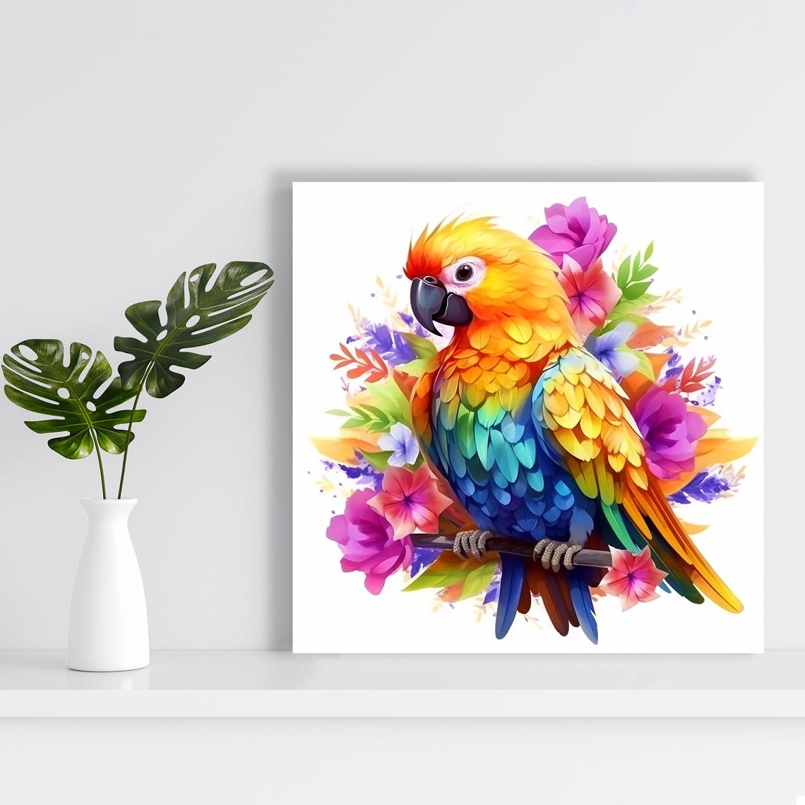 Tropical Parrot Among Flowers Watercolor Bright Bohemian Bird Poster - Image 2