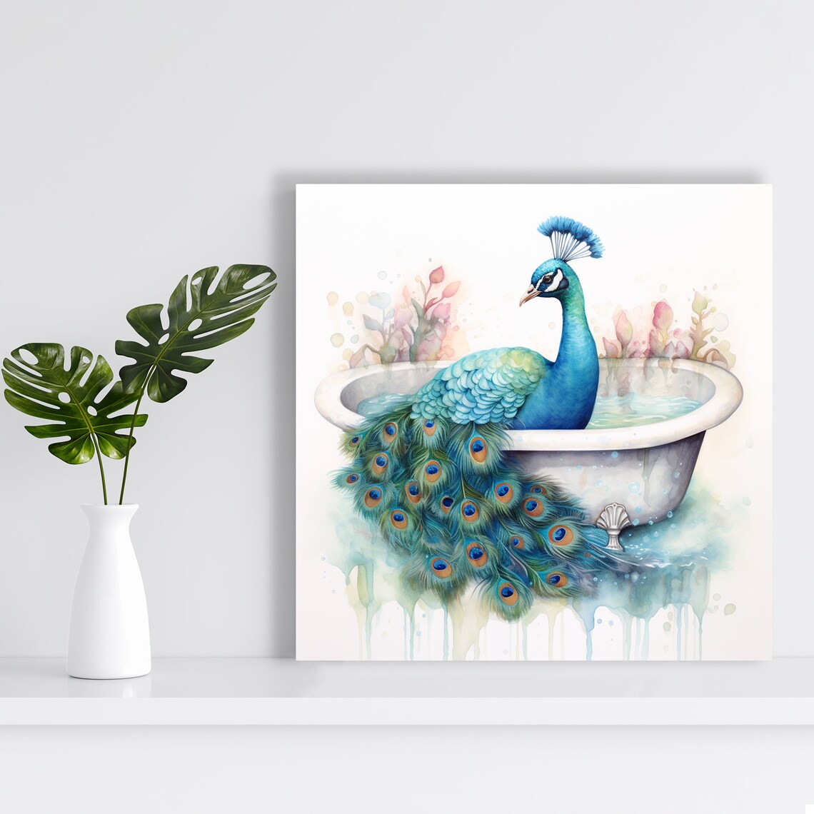 Peacock Bathtub Splendor, Whimsical Bathroom Art Print - Image 2