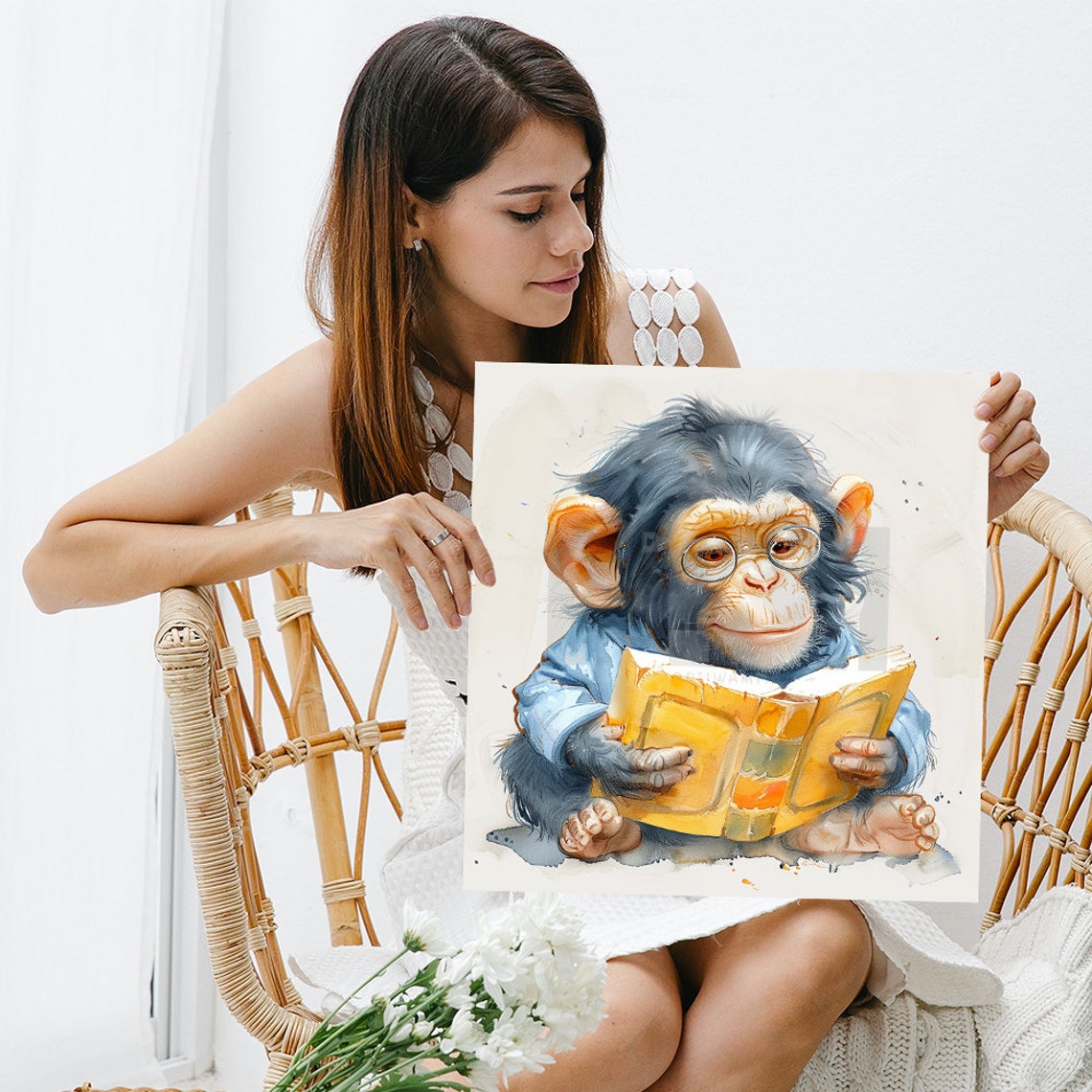Clever Chimpanzee Baby Ape Glasses Reading Book Watercolor Wall Poster - Image 3