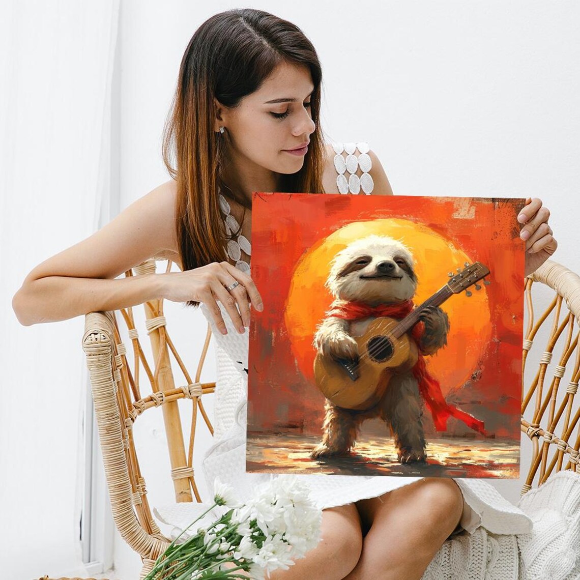 Sloth Playing Guitar Sunset Musician Red Scarf Whimsical Painting Wall Poster - Image 3