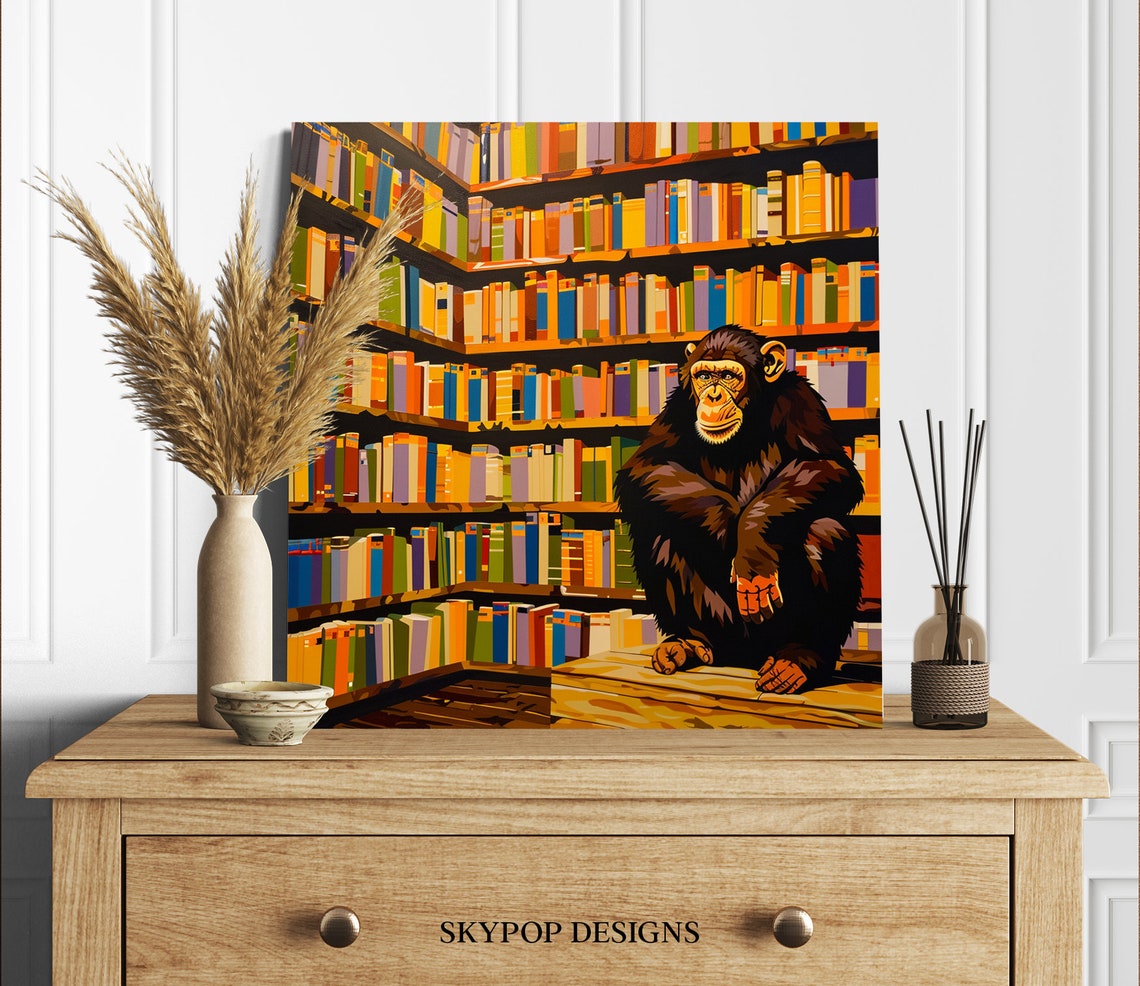 Chimpanzee in Library Among Colorful Books Whimsical Art Poster - Image 2