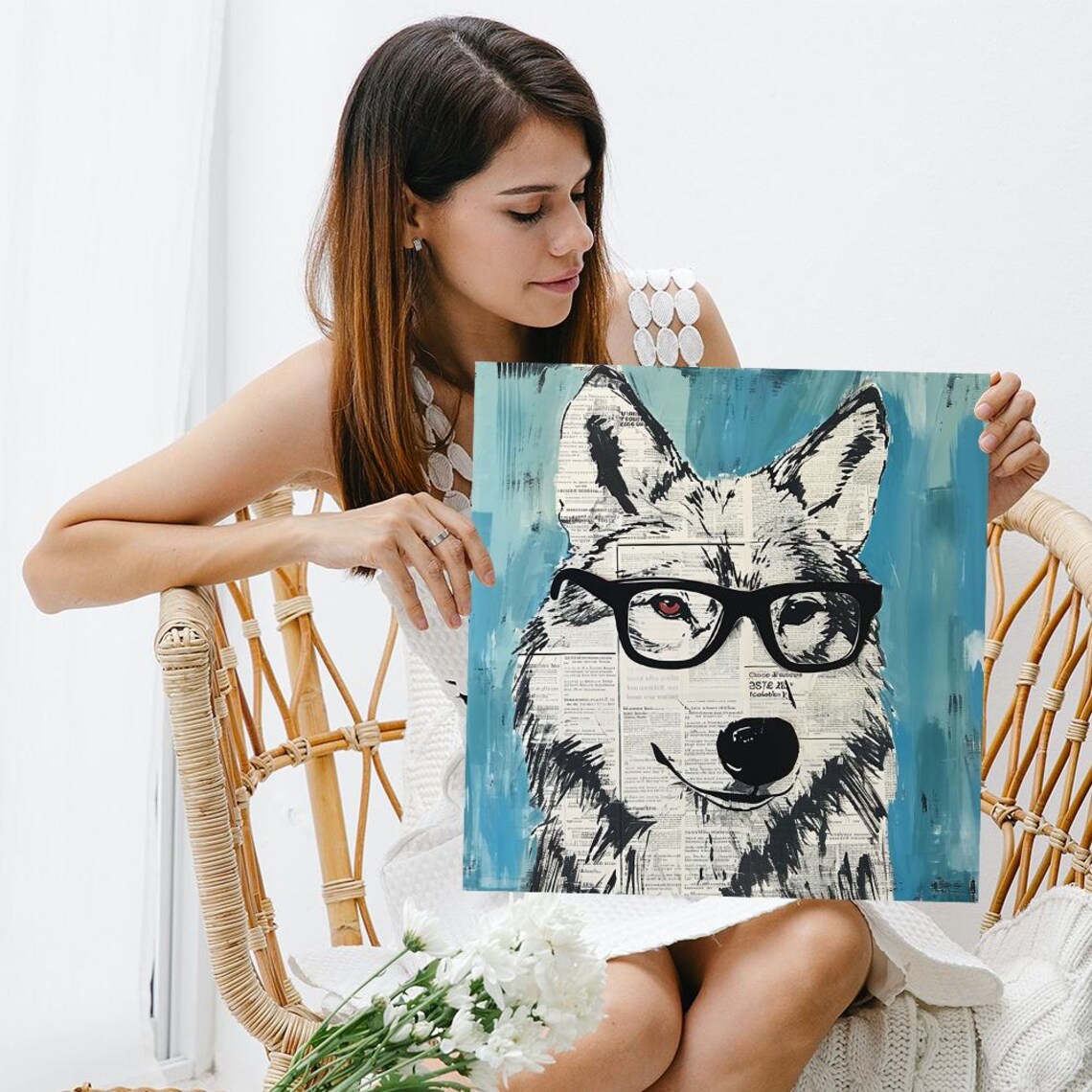 Hipster Wolf Wearing Glasses Newspaper Texture Blue Street Pop Art Poster - Image 3