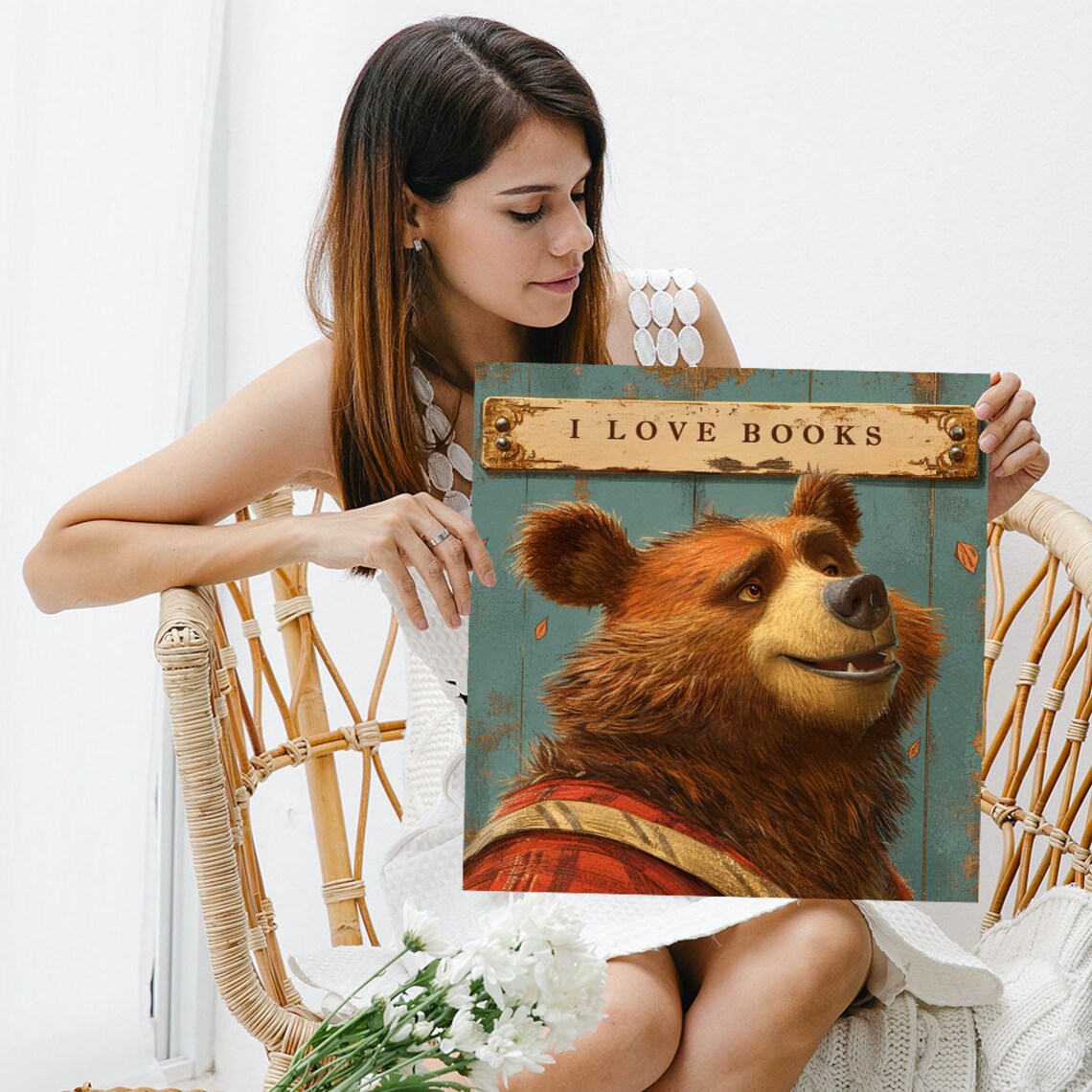 Bookworm Bear Whimsical Farmhouse Wall Art Print - Image 3