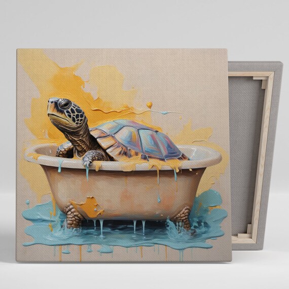 Bathing Turtle Splash Art Or Poster Whimsical Animal Decor Childrens Room Living Room Bathroom Yellow Blue Brown White Wall Art