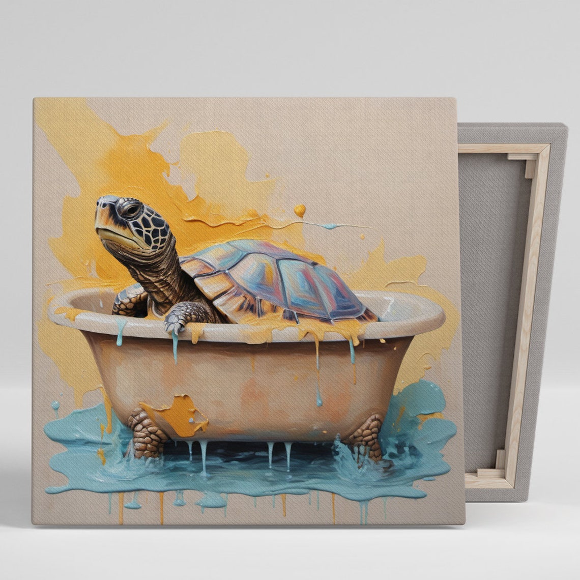 Sea Turtle Bathing in Bathtub Blue Splashes Playful Watercolor Poster