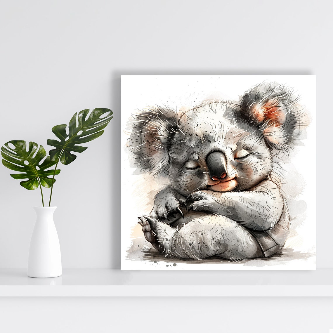 Sleeping Baby Koala Curled Up Soft Watercolor Nursery Wall Art - Image 2