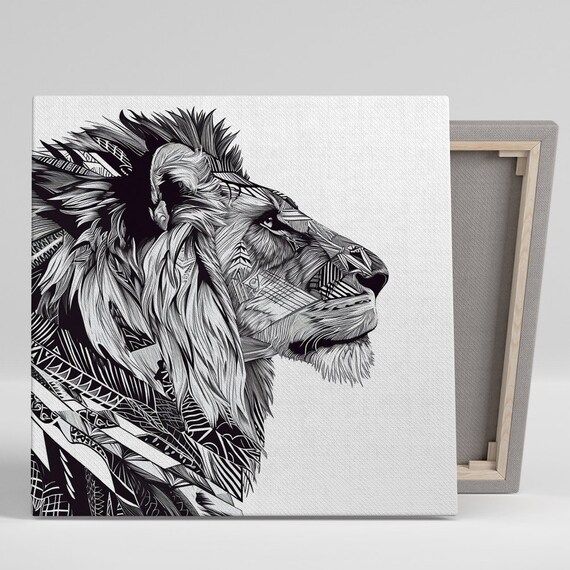 Black White Geometric Line Art Lion Head Profile Wildlife Wall Poster