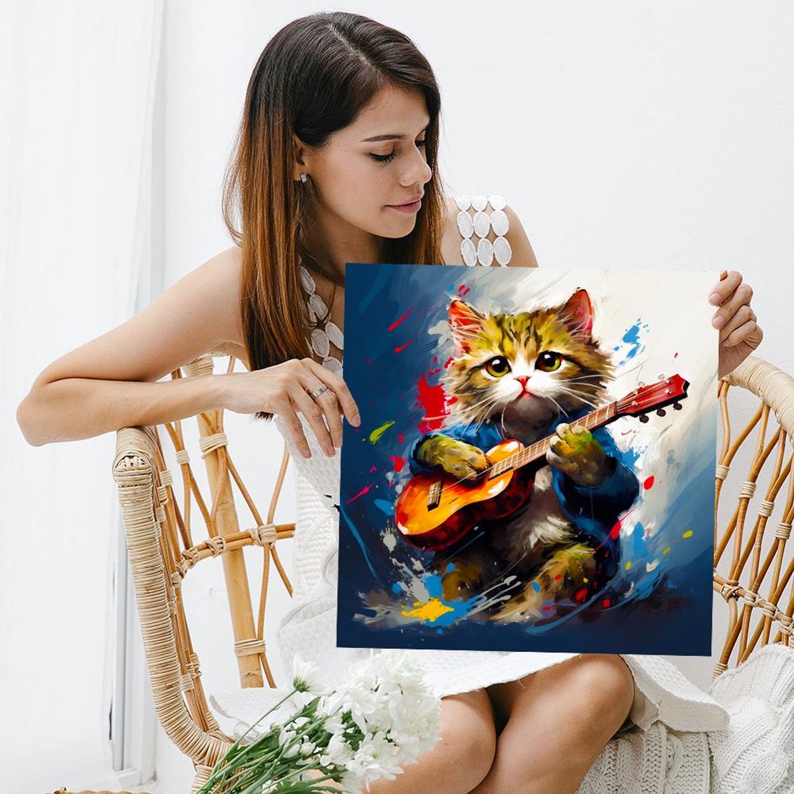 Kitten Playing Red Guitar Colorful Painterly Rock Star Cat Wall Poster - Image 3