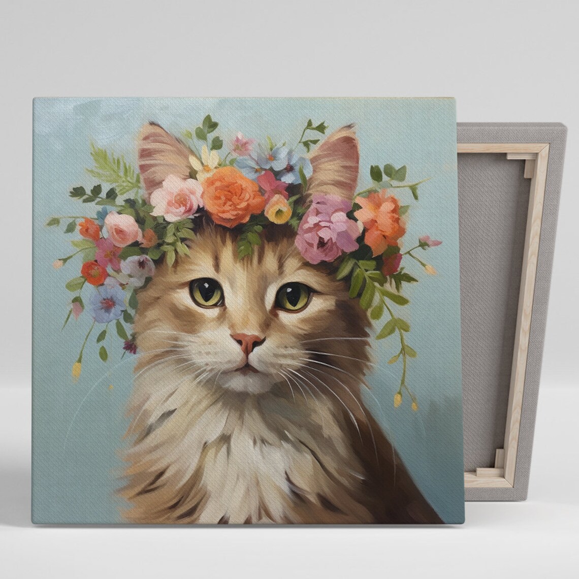 Kitten Floral Crown Soft Pastel Oil Painting Sweet Baby Cat Nursery Art