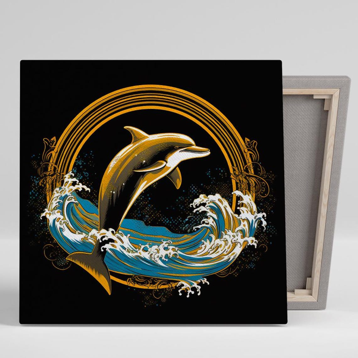 Golden Dolphin Leaping Ocean Wave Black Background Elegant Art Poster