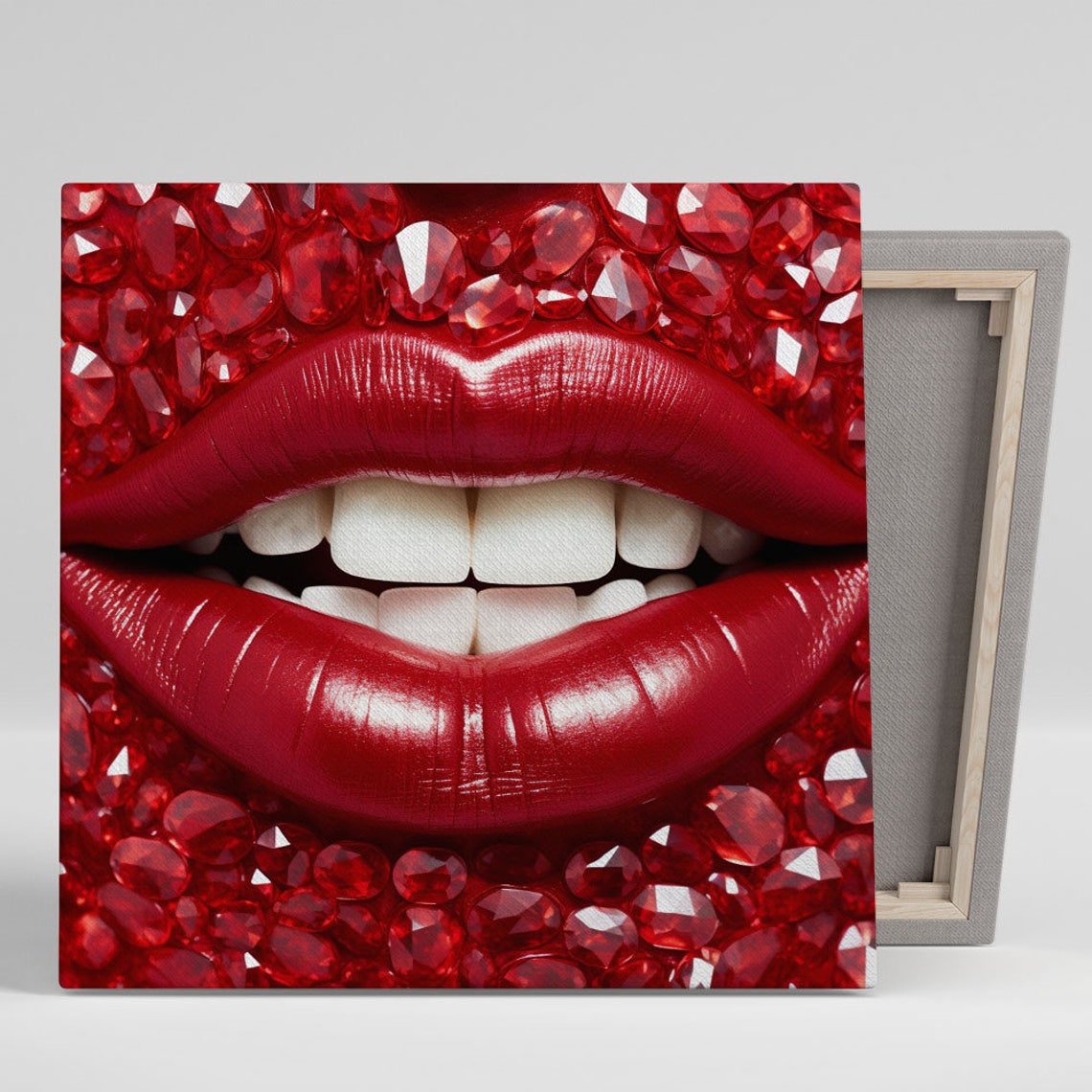 Glossy Red Lips Surrounded By Sparkling Red Jewels Glam Beauty Poster