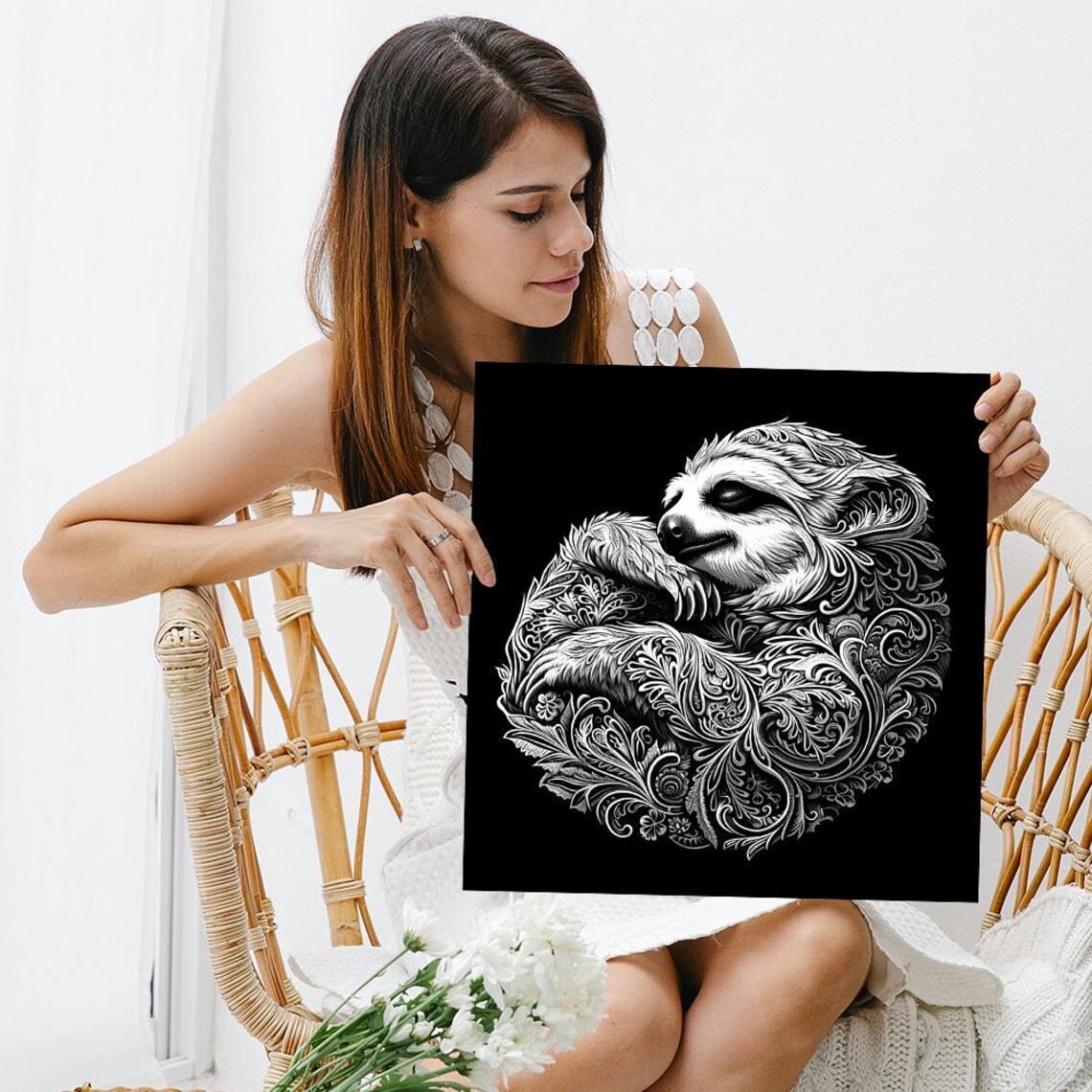 Ornate Sloth Black and White Filigree Intricate Sleepy Animal Poster - Image 3