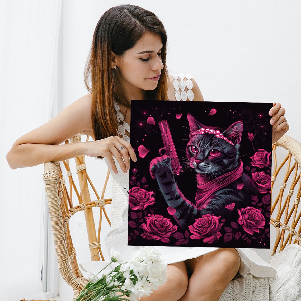 Gothic Black Cat Pop Art Pink Roses Glam Femme Fatale Animal Poster - Image 3