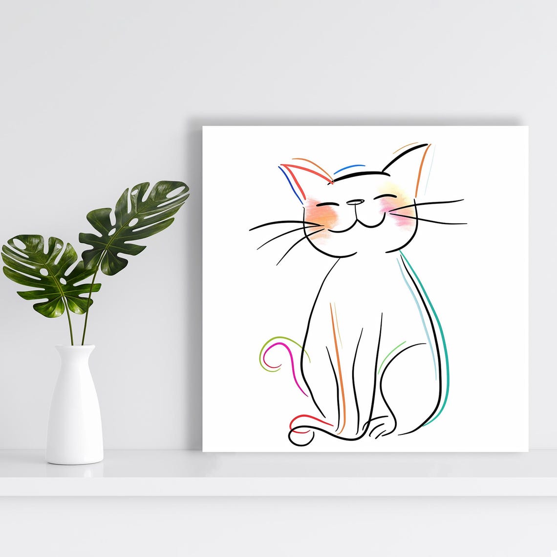 Happy Minimalist Cat Line Drawing Colorful Accents Wall Art Poster - Image 2