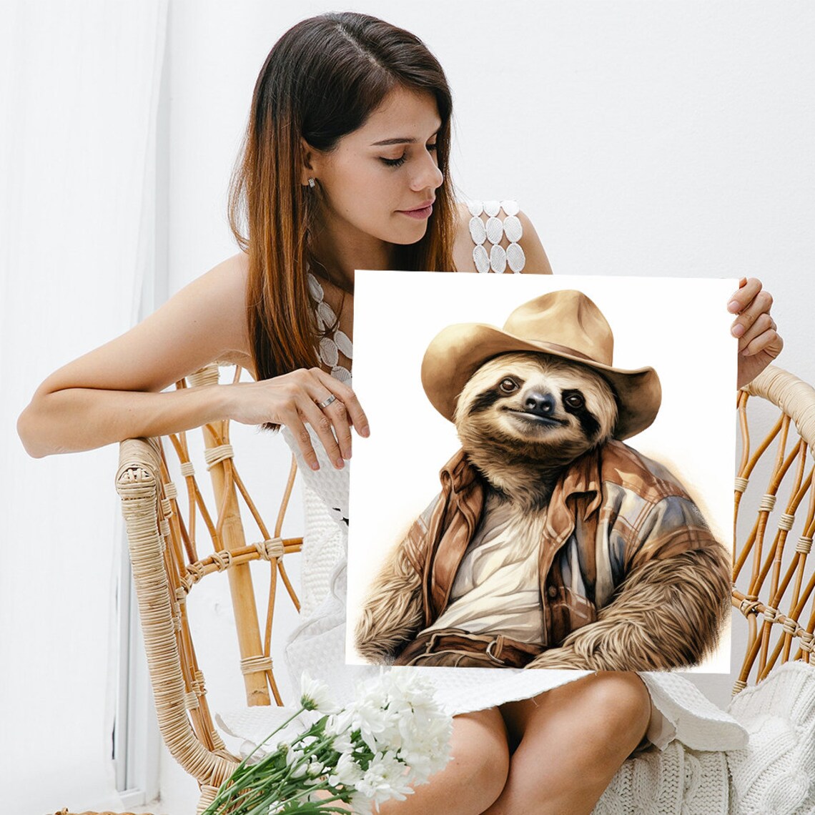 Sloth Wearing Cowboy Hat Plaid Shirt Whimsical Watercolor Western Poster - Image 3