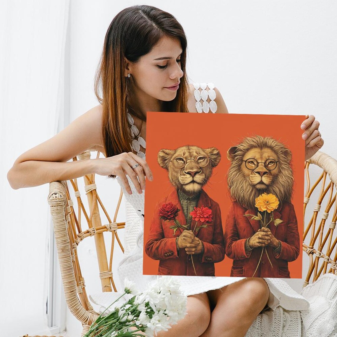 Scholarly Lions In Bloom, Whimsical Animal Art Print - Image 3