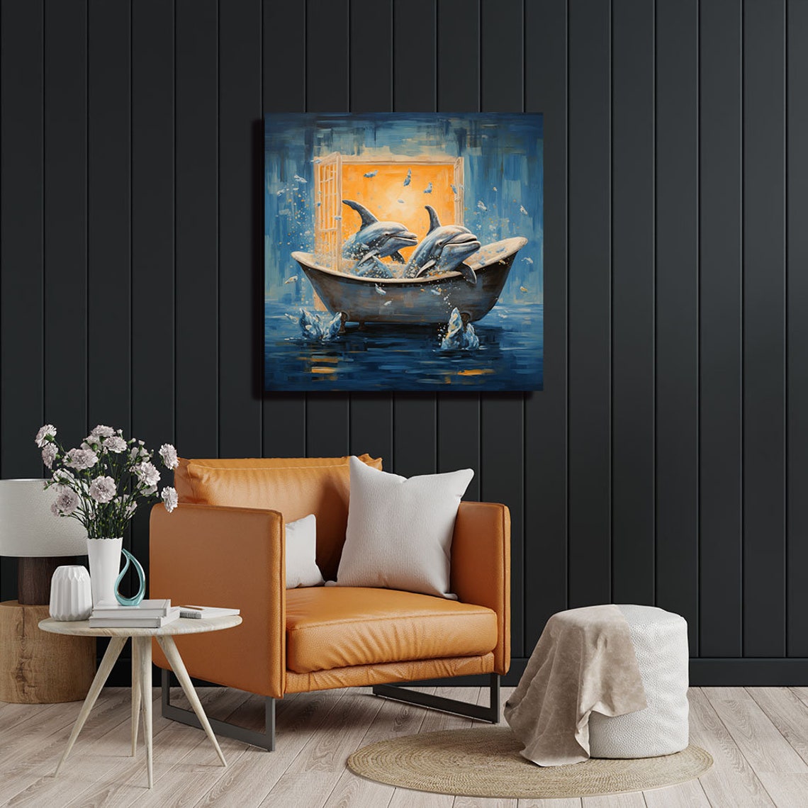 Two Dolphins Playing In Bathtub Whimsical Blue Bathroom Ocean Poster - Image 4