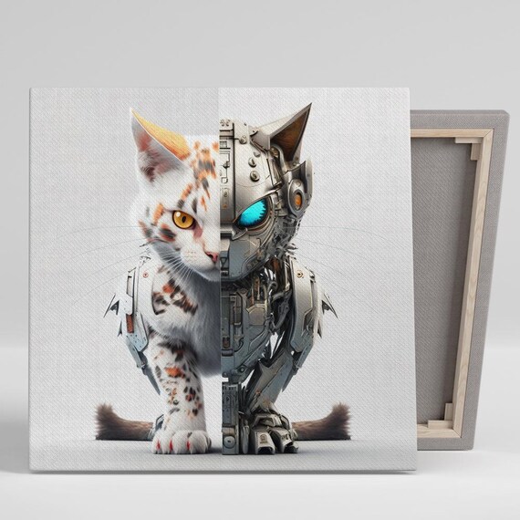 Cybernetic Half Cat Half Robot Portrait Split Sci Fi Pet Wall Art Poster