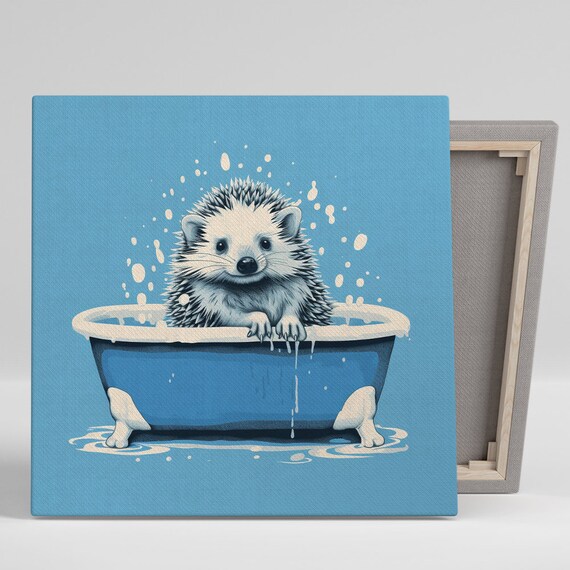 Hedgehog Bath Time Blue Bathtub Bubbles Splashes Cute Nursery Poster