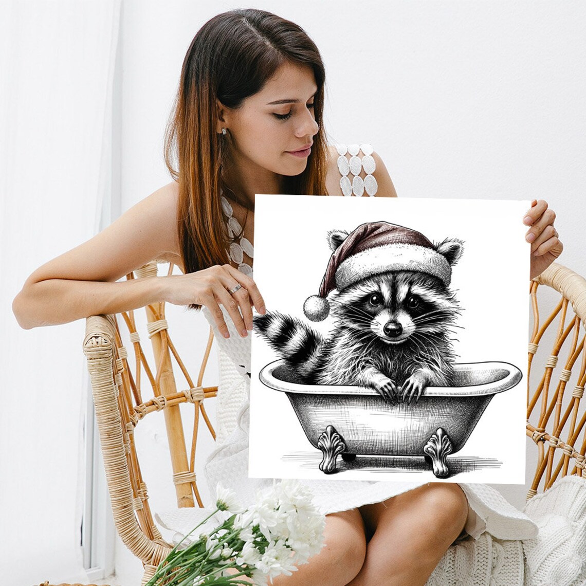 Christmas Raccoon in Bathtub, Bathroom Holiday Art - Image 5