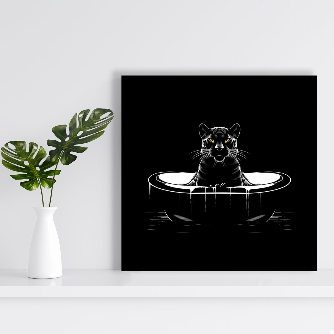 Black Panther in Bathtub Yellow Eyes Minimalist Line Art Animal Poster - Image 2