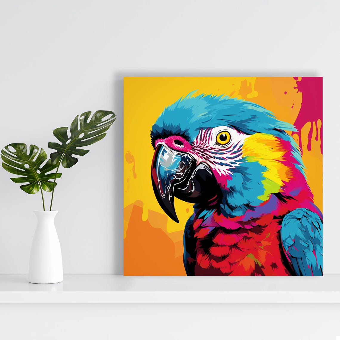 Neon Macaw Pop Art Splash Yellow Background Tropical Bird Art Poster - Image 2