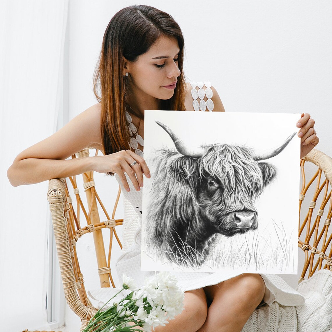 Highland Cow Portrait Black White Sketch Shaggy Hair Long Horns Poster - Image 3