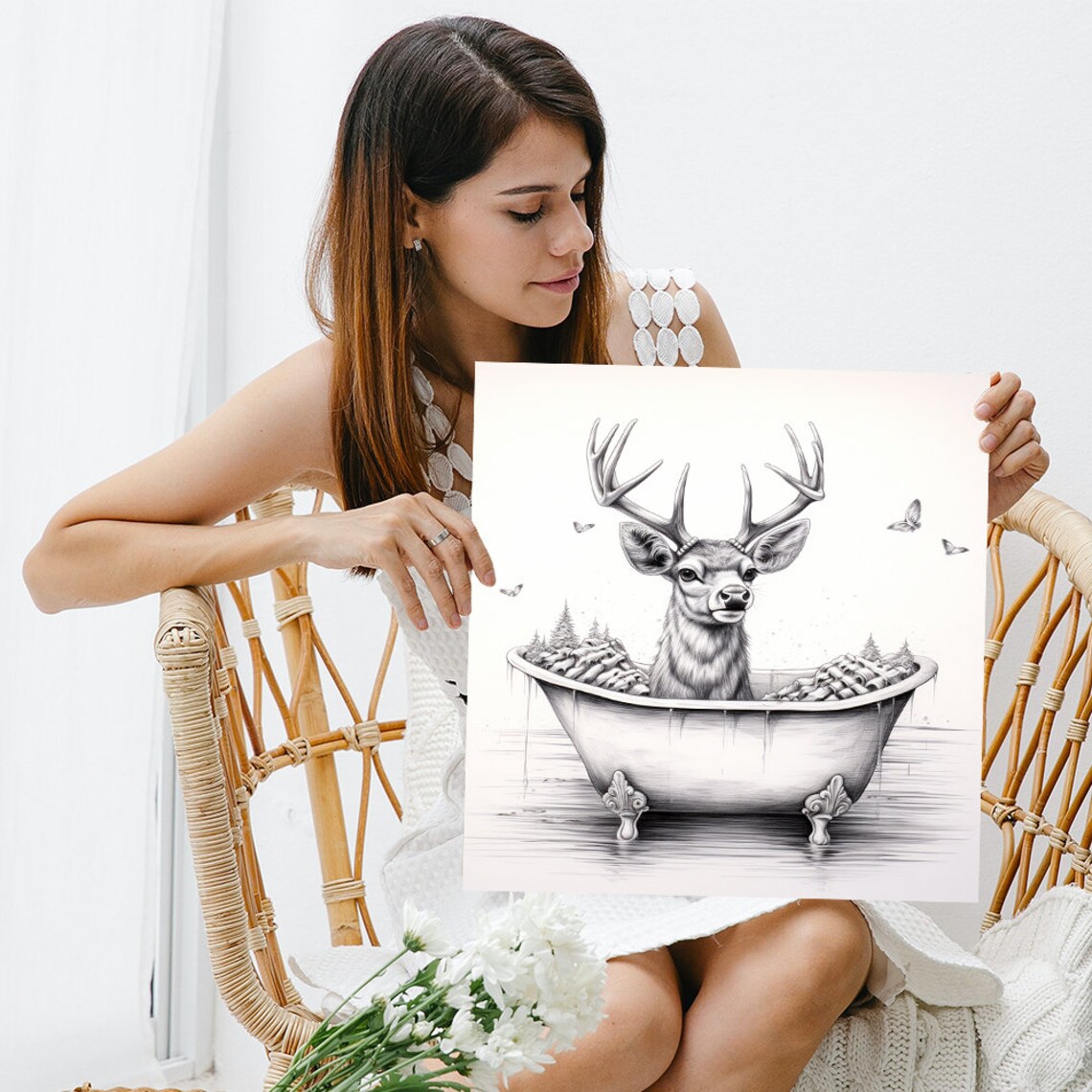 Deer Relaxing In Clawfoot Bathtub Black White Pencil Sketch Funny Art Print - Image 3