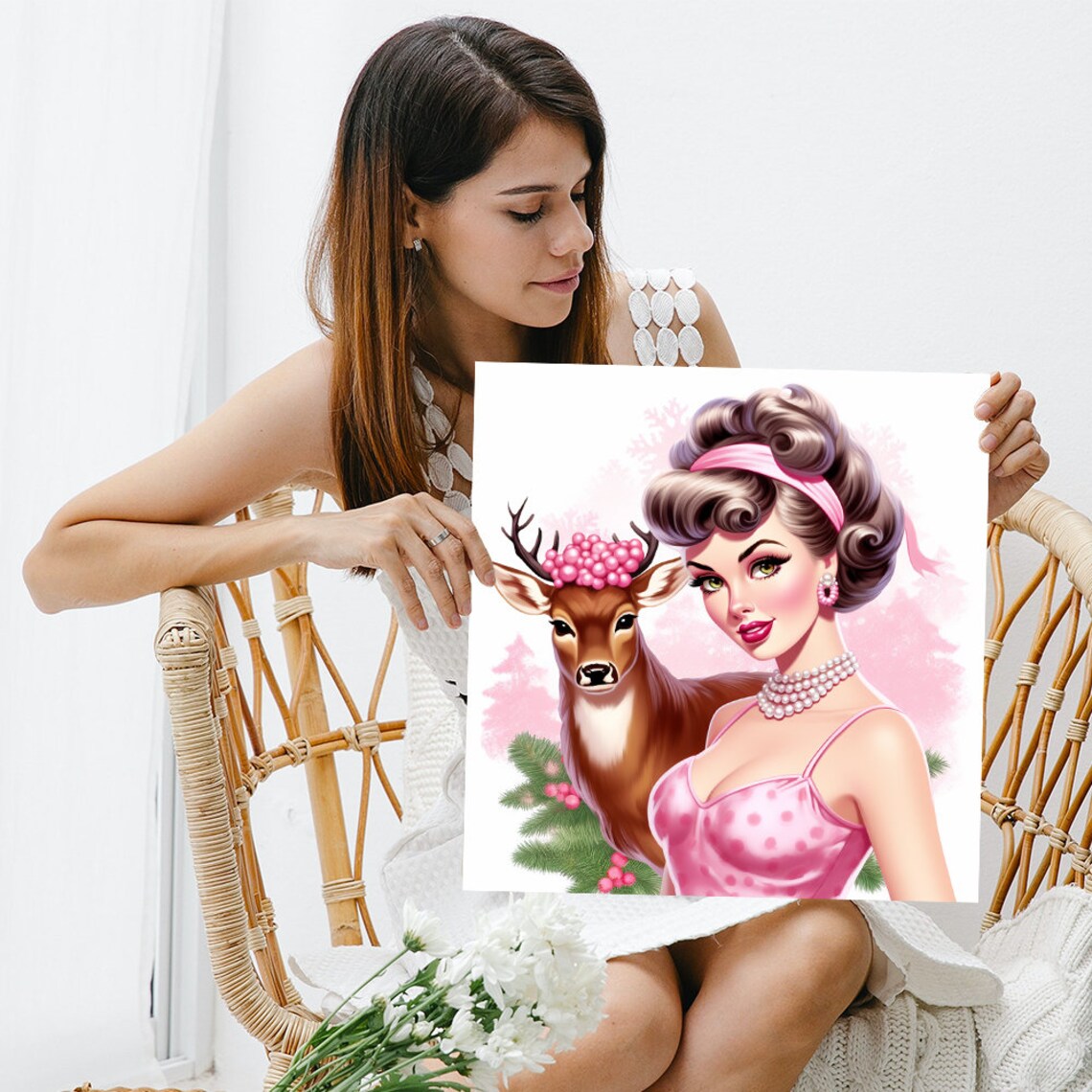 Retro Pin Up Winter Fantasy Pink Deer Bohemian Glam Wall Poster - Image 3
