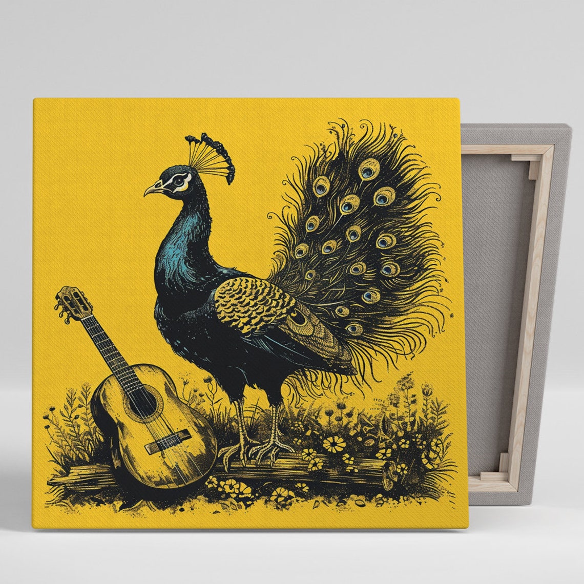 Vintage Peacock With Fanned Tail and Guitar Yellow Ink Art Poster