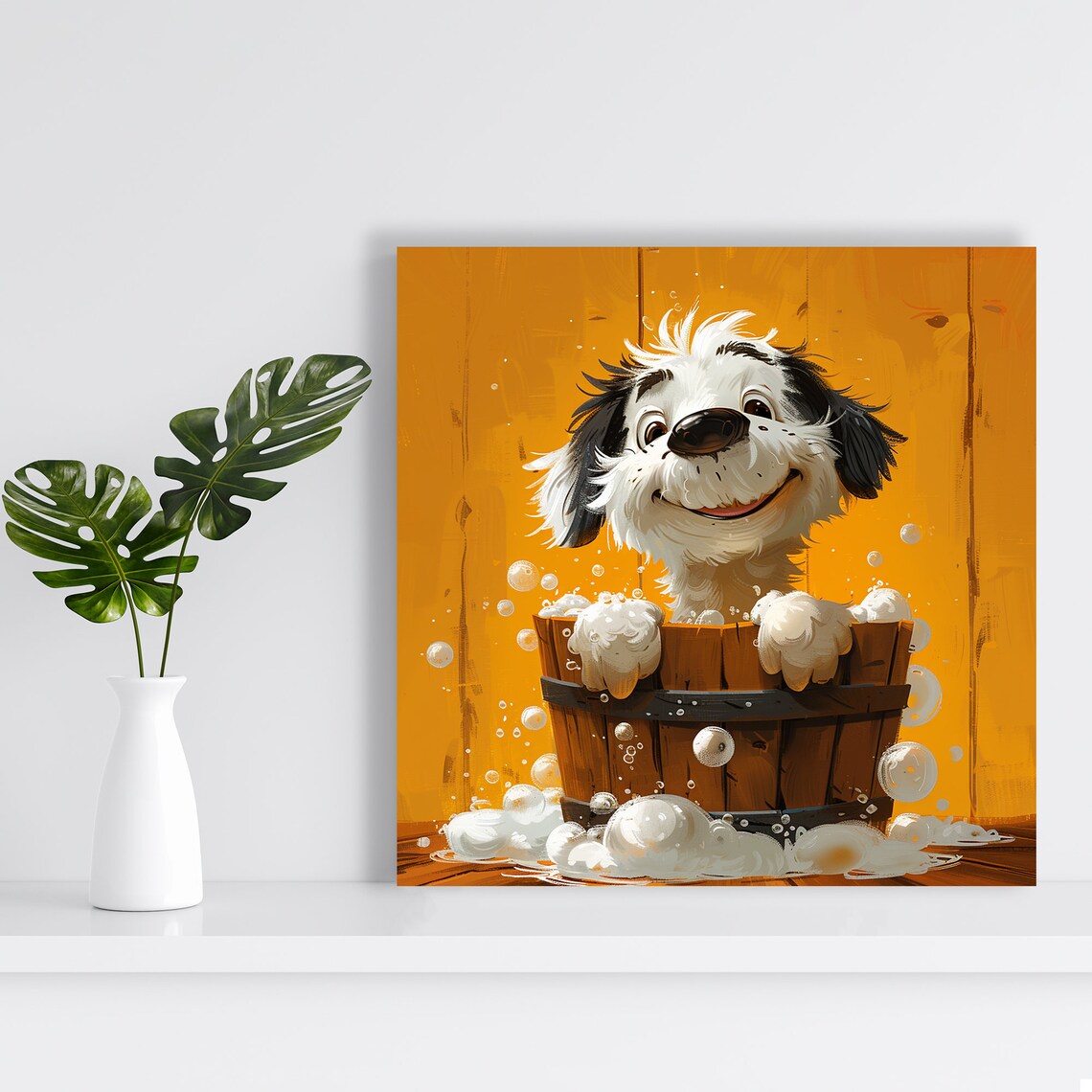 Smiling Puppy Bubble Bath Wooden Barrel Cheerful Bathroom Poster - Image 2